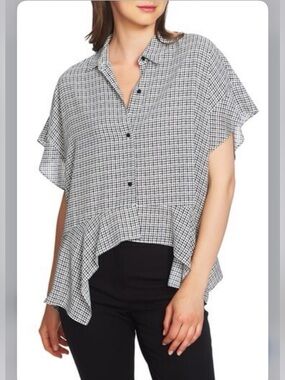 Black & White Houndstooth Peplum Button-Front Blouse